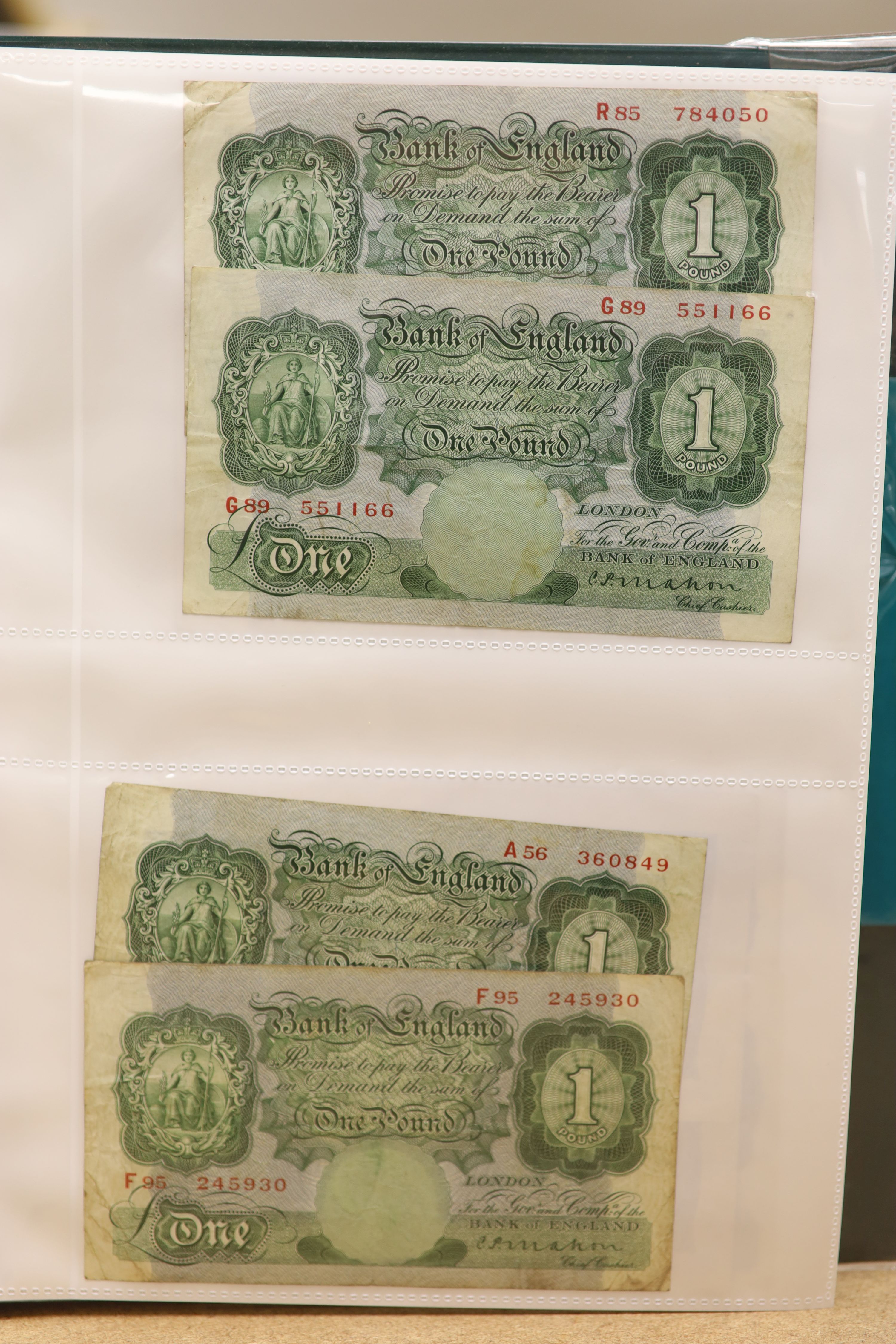 A collection of Bank of England and Scottish banknotes to include: 21 QEII 10 shillings, 14 O'Brien and Beale 10 shillings, 1 Peppiatt 10 shillings, 4 Hallam one pound notes, 18 O'Brien or Beale one pound notes, 8 Peppia